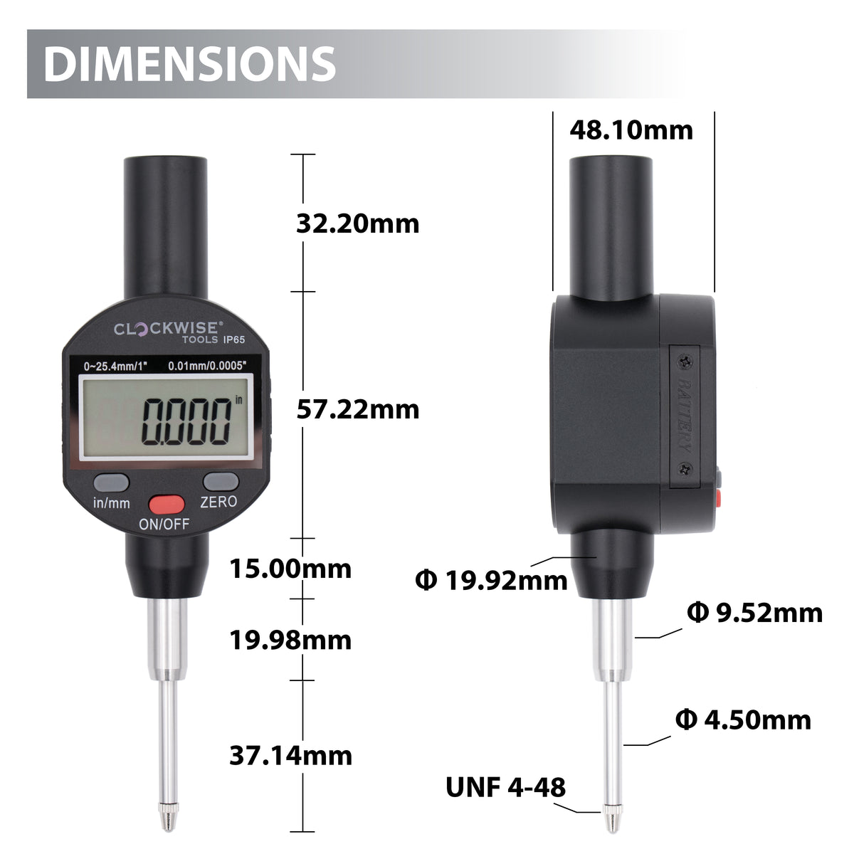 Clockwise Tools DPIR0105 IP65 Digital Indicator 01"/25.4mm